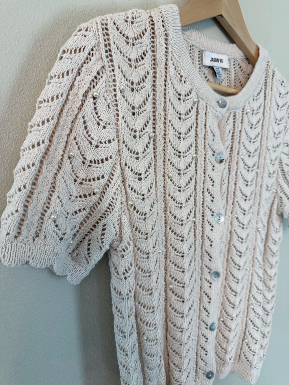 Jason Wu Pearl Pointelle Lace Cardigan Sweater Beige Scallop Short Sleeve M - Picture 5 of 9